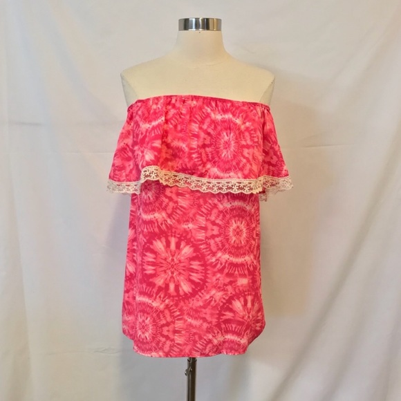 Flamingo Pink & White Tie Dye Off The Shoulder Top - Picture 1 of 7